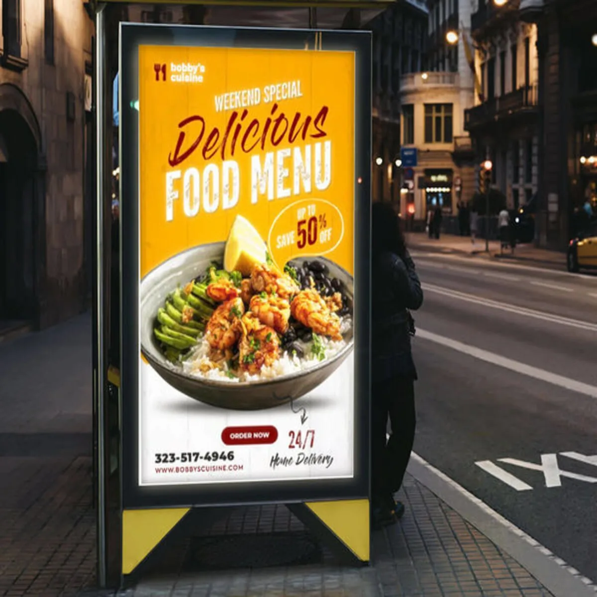 Illuminated backlit poster in a street-side display case at night